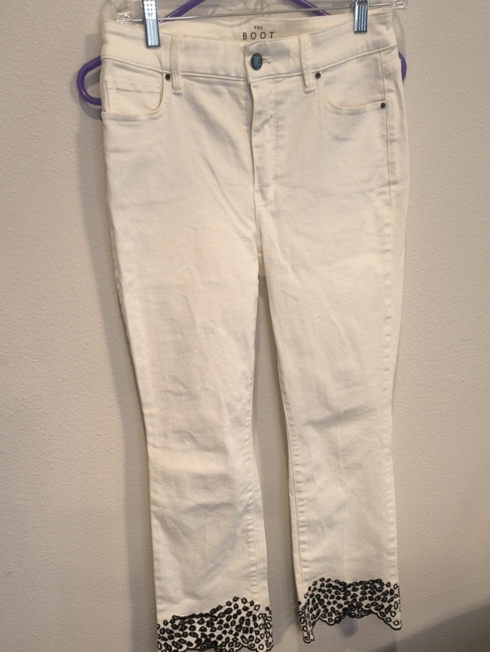 White House Black Market High-Rise White Bootcut Jeans with Black Patterned Hem